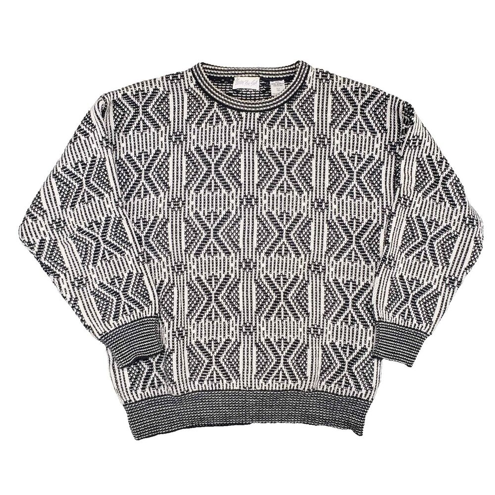 Vintage Carson Pirie Scott Geometric Sweater Mens Large White Black Italy‎ Made